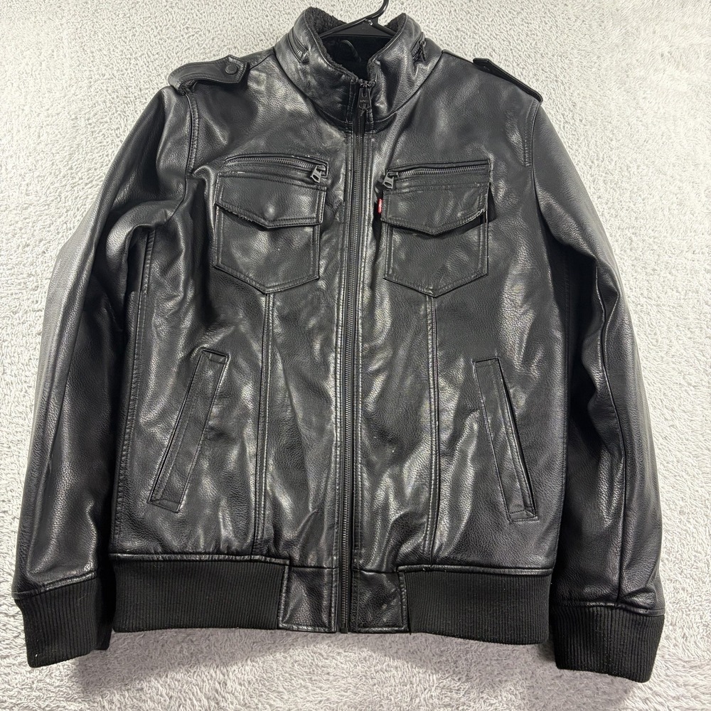 Levi Leather Aviator Bomber Jacket Mens Medium Black Sherpa Lined Faux